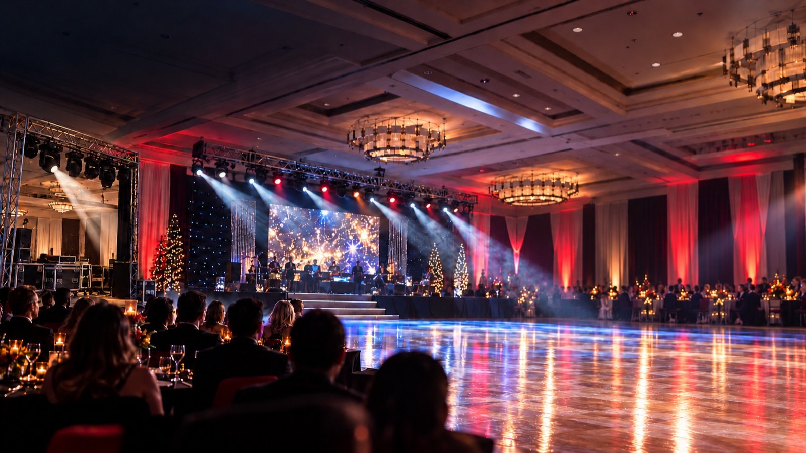 AI composite of a band on an event stage with a video wall, red uplighting and white light beams over an open dance floor