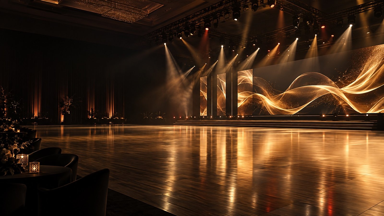 Illustrative ballroom stage lighting and LED wall concept
